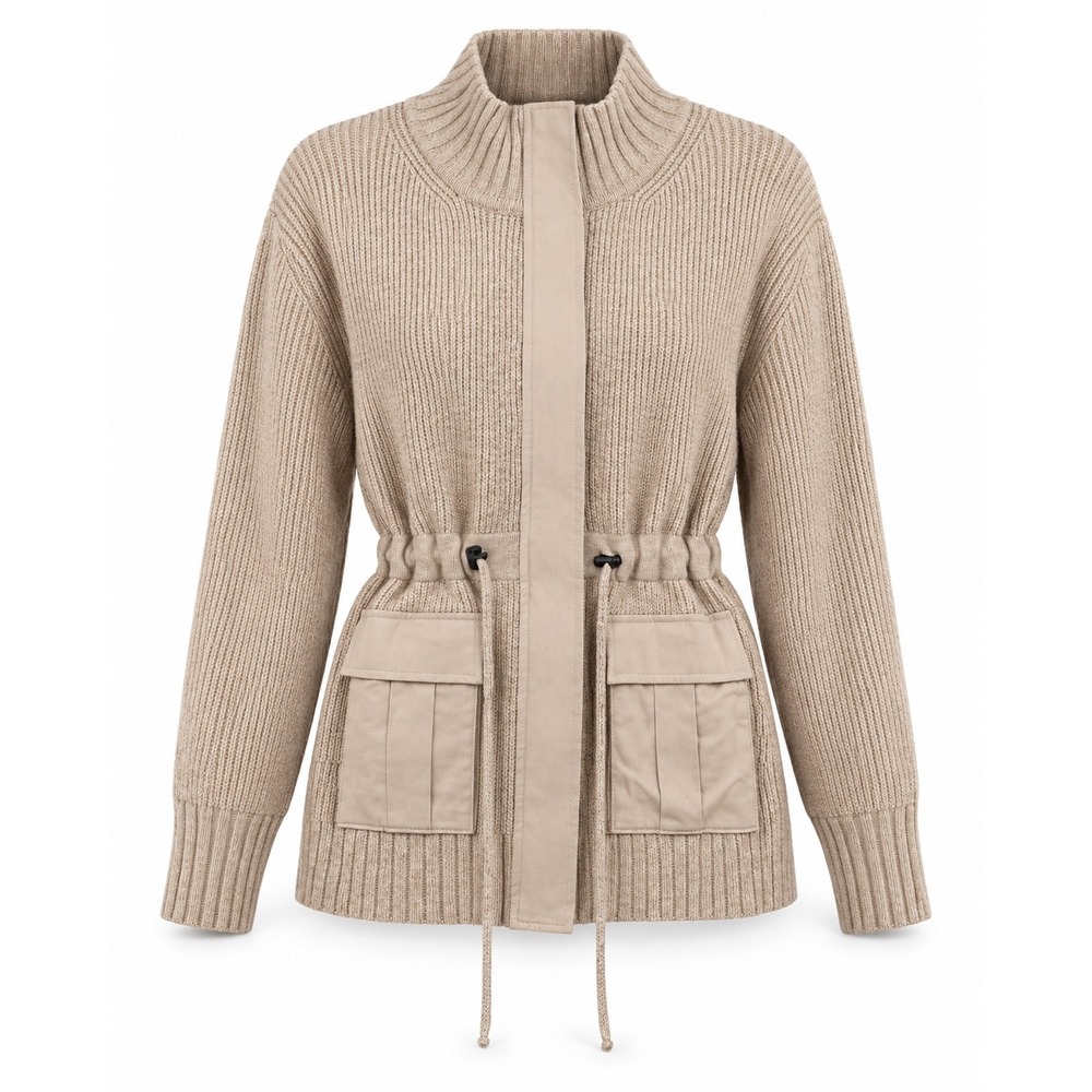 Simply Vera Vera Wang Beige Ribbed Knit Utility Cardigan Jacket Drawstring Waist